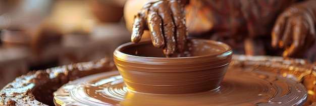 Hands molding clay into pot handmade craft on potters wheel panoramic