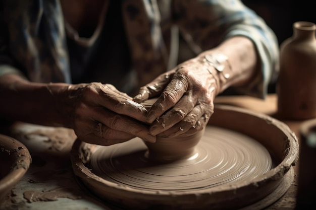 Hands Molding Clay On A Pottery Wheel Generative AI