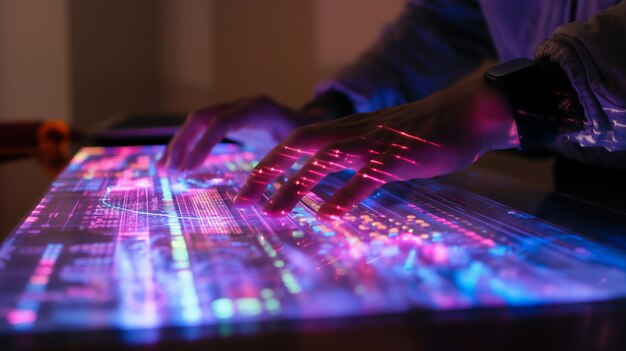 Hands over a neonlit interactive digital table with touchsensitive controls