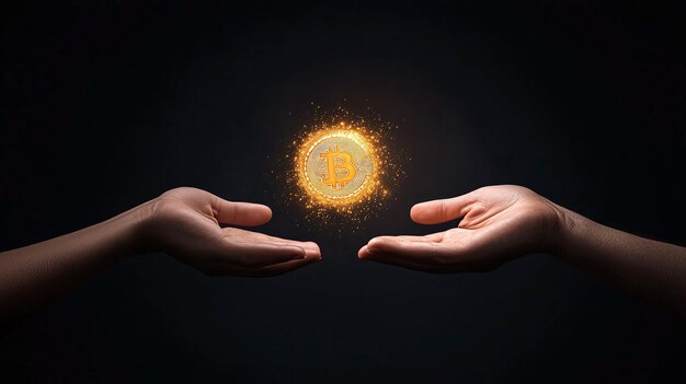 Photo hands offering glowing bitcoin coin