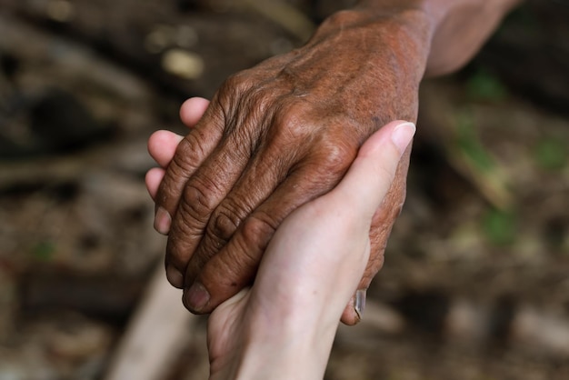 Hands of the old man and a woman hand on the park