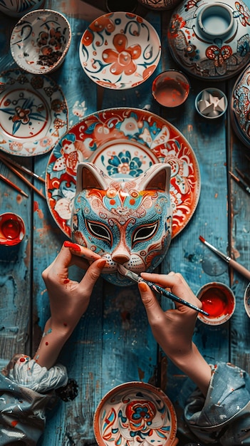 Photo hands painting ceramic masks amp plates in folk art style on old wooden table with vibrant colors