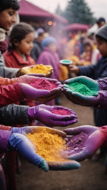 Hands Palms of young people covered in purple yellow red blue Holi festival colors isolated