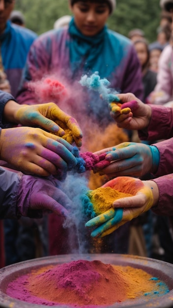 Hands Palms of young people covered in purple yellow red blue Holi festival colors isolated