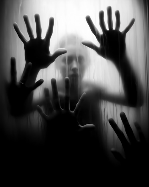 hands behind path Glass horror poster Dramatic scene