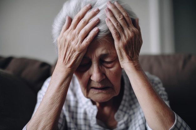 Hands of a patient feeling their head in distress on the couch created with generative ai