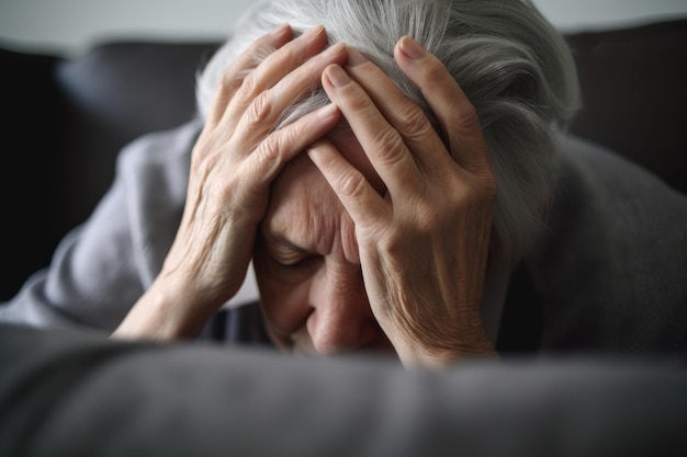 Hands of a patient feeling their head in distress on the couch created with generative ai