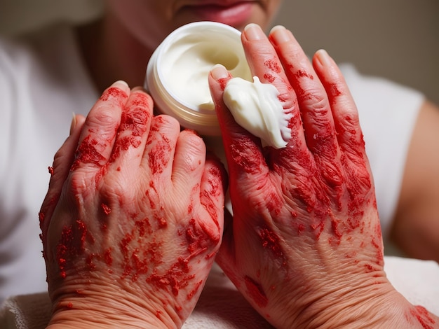 Photo hands of patient suffering from psoriasis