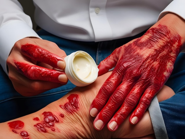 Photo hands of patient suffering from psoriasis