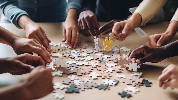 Hands of people working together on a puzzle