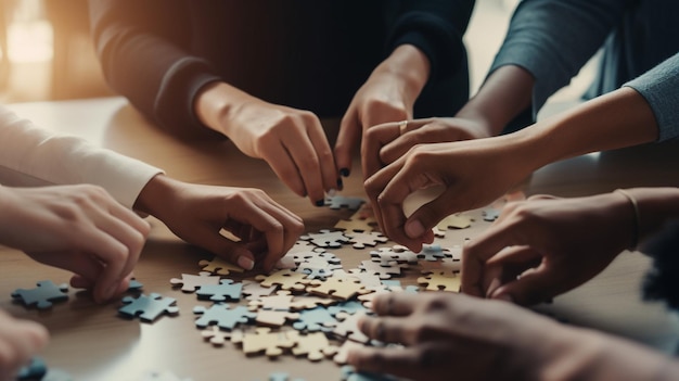 Hands of people working together on a puzzle