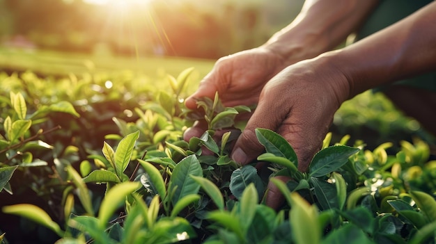 Hands Picking Fresh Tea Leaves in a Lush Green Tea Plantation