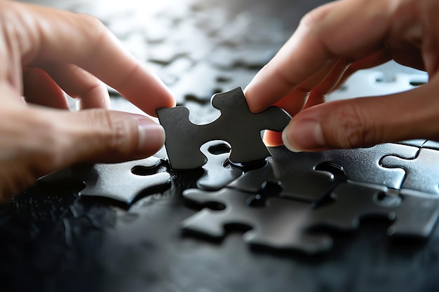 Photo hands placing final piece of black puzzle