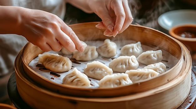 Photo hands placing raw dumplings into bamboo steamer closeup of traditional asian cuisine preparation