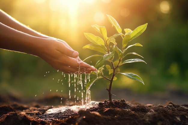 Hands plant and water a seedling in the ground on a blurred summer background