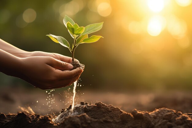 Hands plant and water a seedling in the ground on a blurred summer background