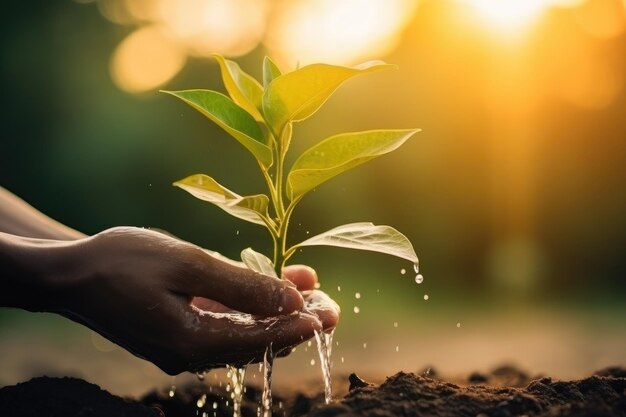 Hands plant and water a seedling in the ground on a blurred summer background