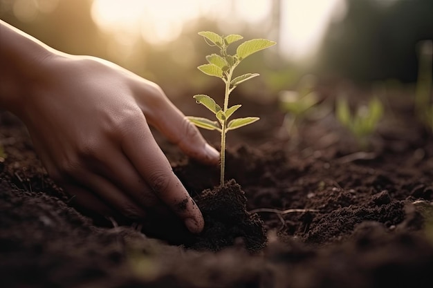 Hands planting a seed in the soil of a forest Close up Ai generative