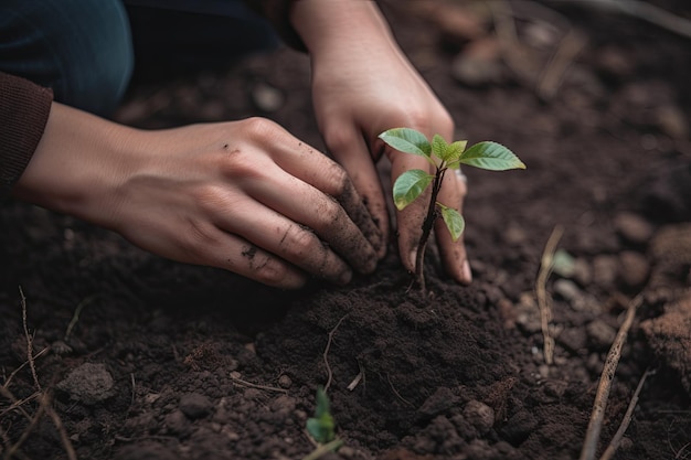 Hands planting a seed in the soil of a forest Close up Ai generative