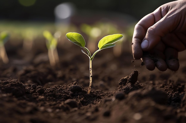 Hands planting seedling in a soil generative AI