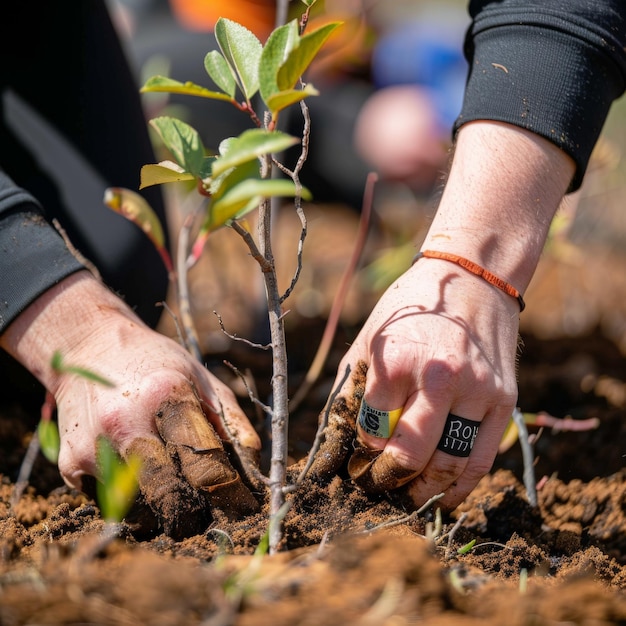 Hands planting a small tree sapling in soil focusing on environmental conservation and reforestation efforts