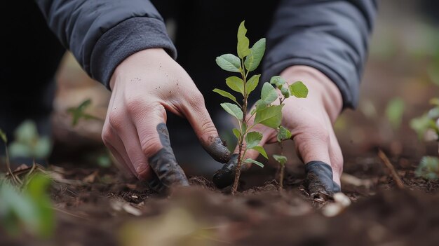 Photo hands planting a tree sapling in soil