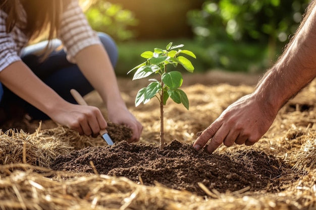 Photo hands planting a tree in soil on top is a wooden trowel with black dirt and green leaves inside