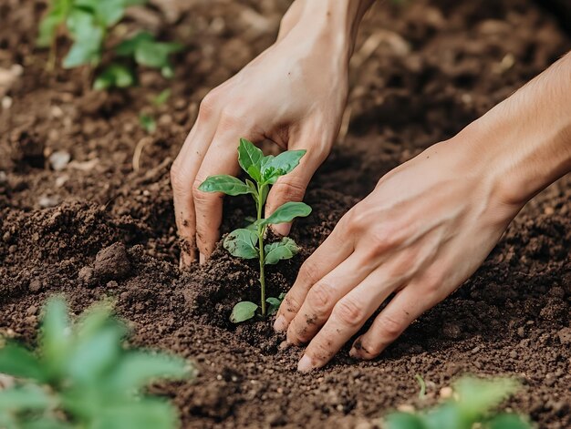 Photo hands planting vibrant green seedlings into fresh garden soil in an organic vegetable garden on a sunny day