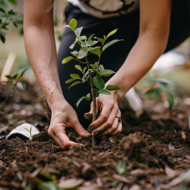 Photo hands planting a young tree in the soil representing reforestation and environmental conservation efforts