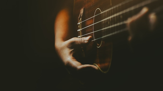 Hands playing acoustic ukulele guitar.Music skills show