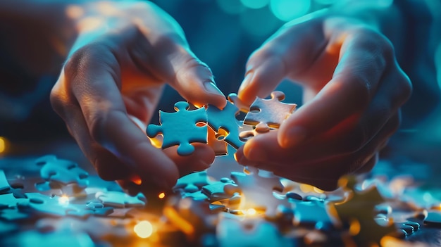 Photo hands playing a game of puzzle with one being put on a blue background