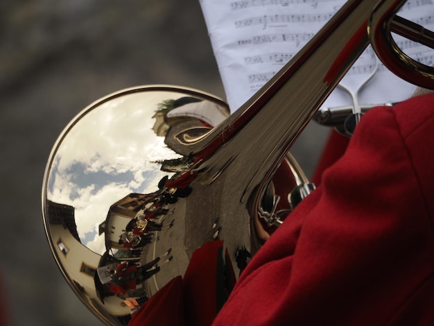 Hands playing trombone detail