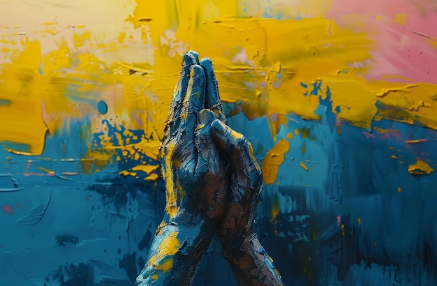 Hands in prayer on an abstract blueyellow background Ukraine concept