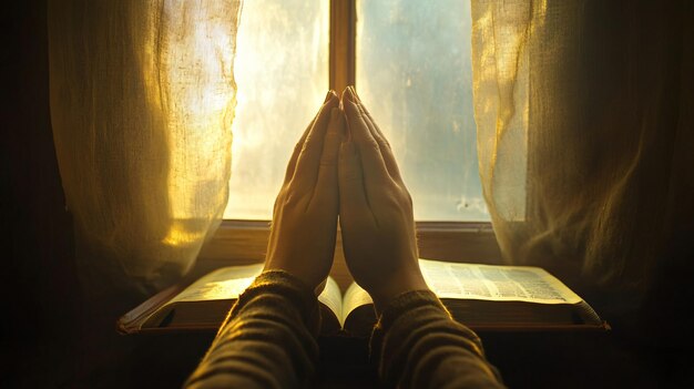 Photo hands praying on holy bible beside window light