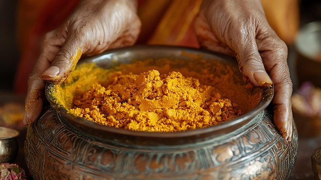 Hands preparing a traditional Indian herbal remedy