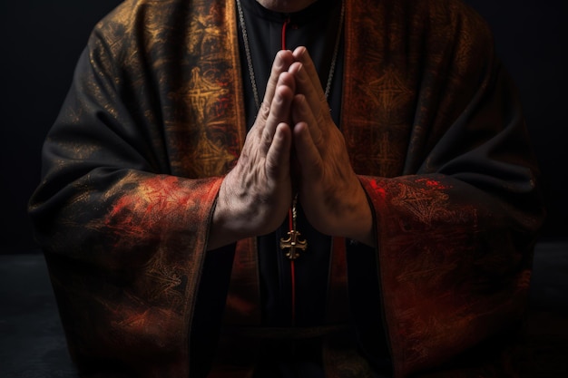 Hands of a priest closeup Faithful priest praying in catholic church An elderly priest will pray in the church The prayer of a true believer works miracles