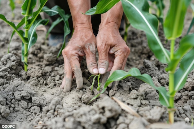 Photo hands protect young corn in corn field with dry groundconcept of natural disaster