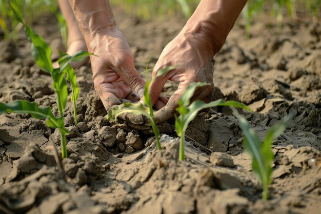 Photo hands protect young corn in corn field with dry groundconcept of natural disaster