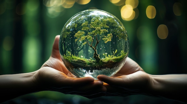 Hands protecting globe of green tree on tropical nature summer background generative ai