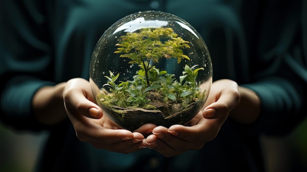 Hands protecting globe of green tree on tropical nature summer background generative ai