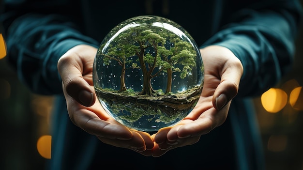 Hands protecting globe of green tree on tropical nature summer background generative ai