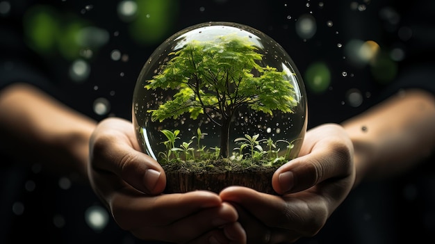 Hands protecting globe of green tree on tropical nature summer background generative ai