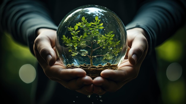 Hands protecting globe of green tree on tropical nature summer background generative ai