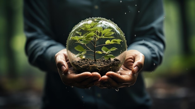 Hands protecting globe of green tree on tropical nature summer background generative ai