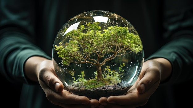 Hands protecting globe of green tree on tropical nature summer background generative ai