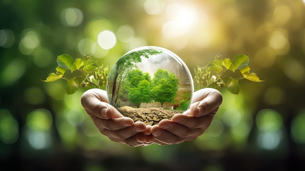 Hands protecting globe of green tree