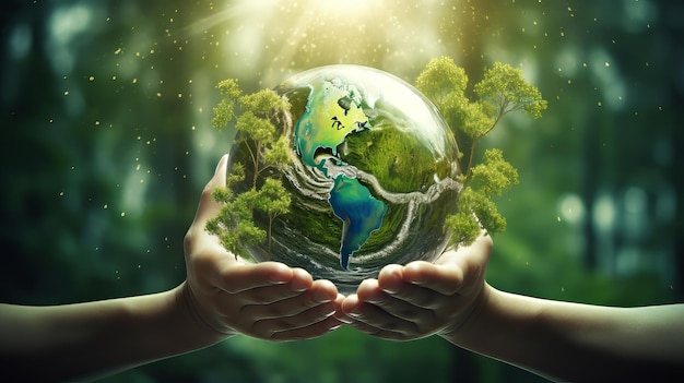 Hands protecting globe of green tree