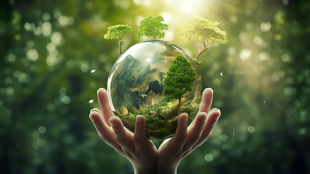 Hands protecting globe of green tree