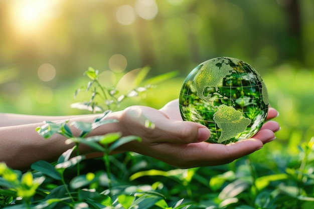 Hands Protecting Globe with Green Tree on Nature Background