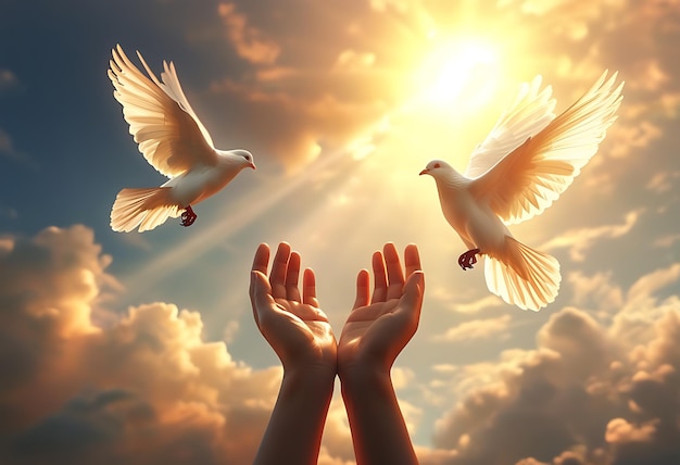 Photo hands reach for a dove taking flight bathed in light symbolizing hope and freedom